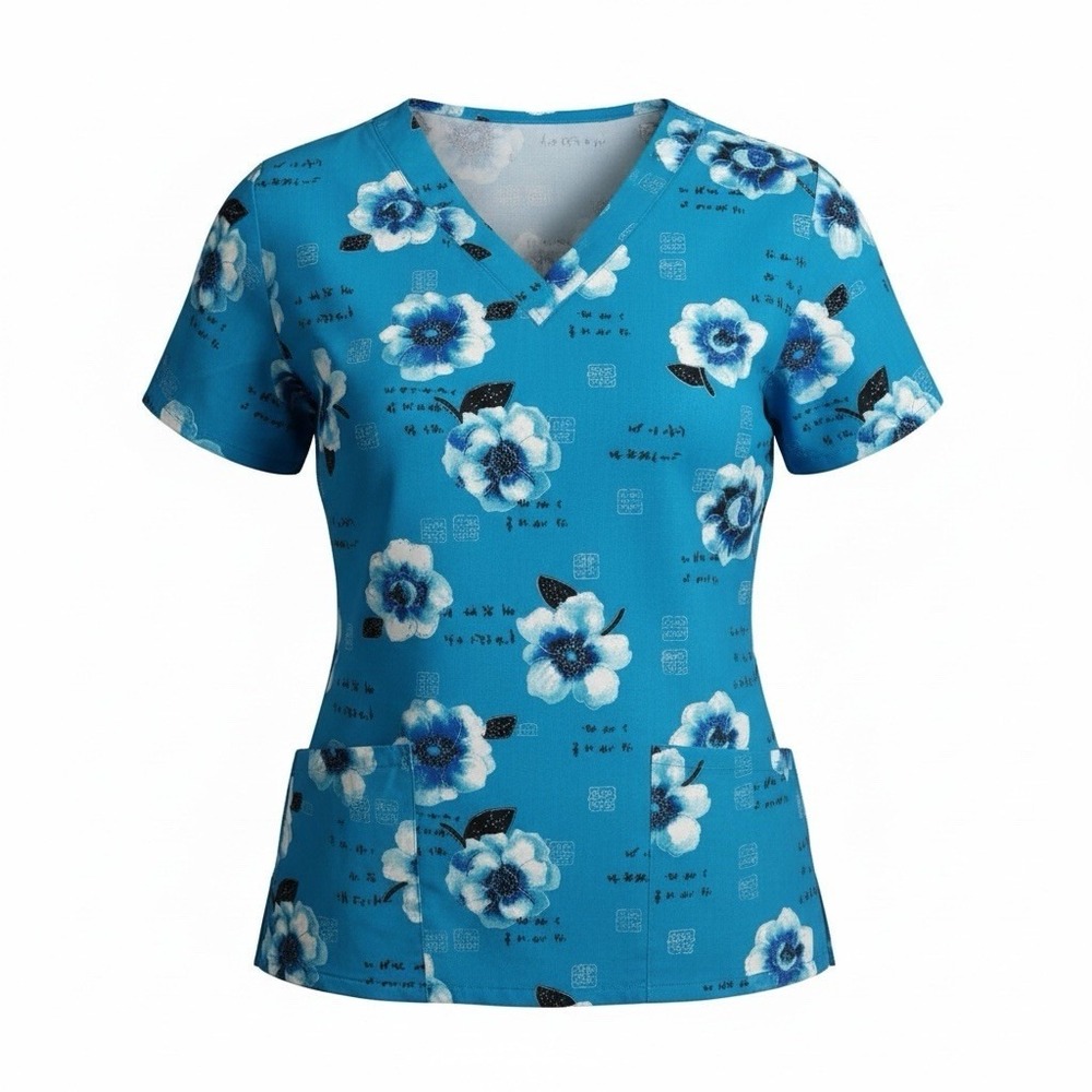 Scrubtime Women's V Neck Scrub Top Size Small Blue Hawaiian Large Floral Design